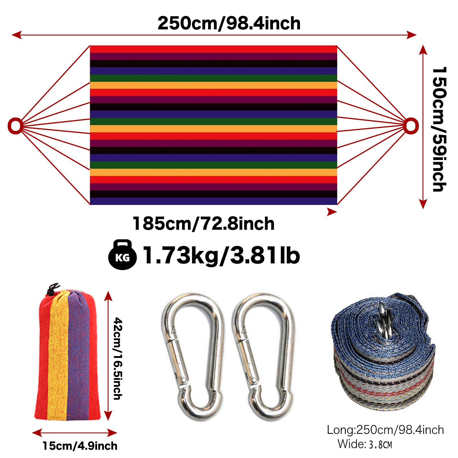 Hamac double, hamac en toile de coton pour 2 personnes, 450 lb, avec sac de transport, deux poutres d'équilibre anti-roulis, pour patio et jardin - 6