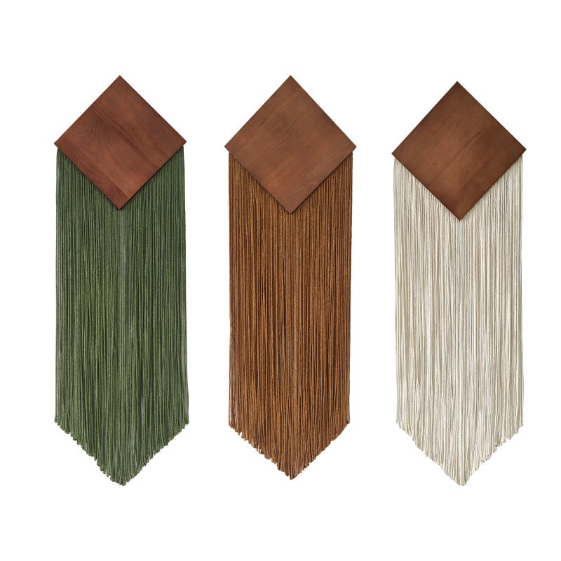 2pcs Tapisserie murale décorative, tapisserie à pompons en forme de losange, style bohème, tapisserie de décoration murale Marron + Vert - 5