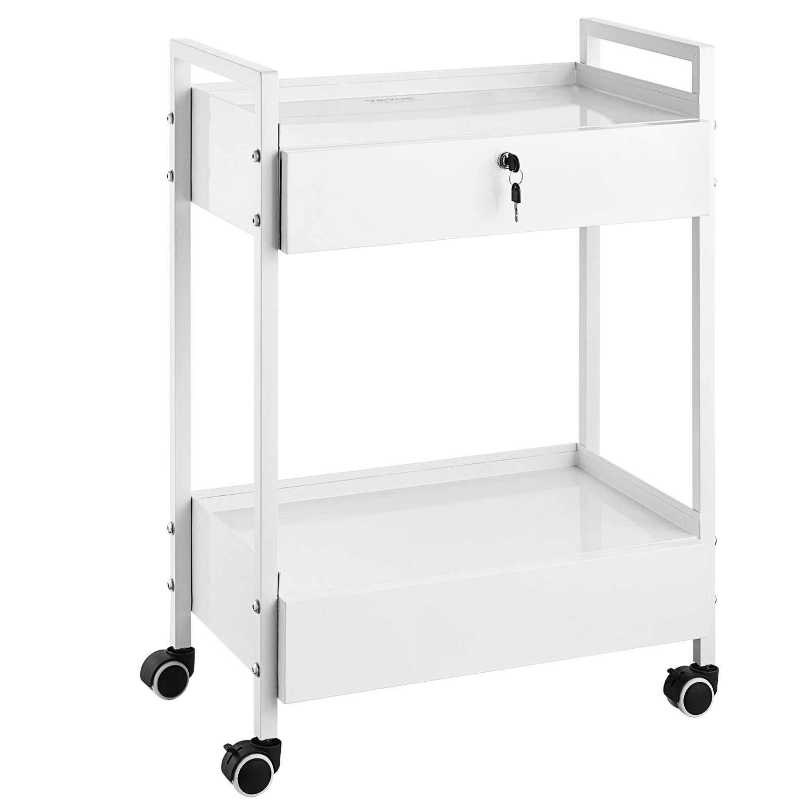 Chariot Laboratoire 2 Niveaux VEVOR Acier Inox – 100 Kg Charge, 2 Tiroirs Verrouillables, Roulettes 360° Silencieuses, Blanc