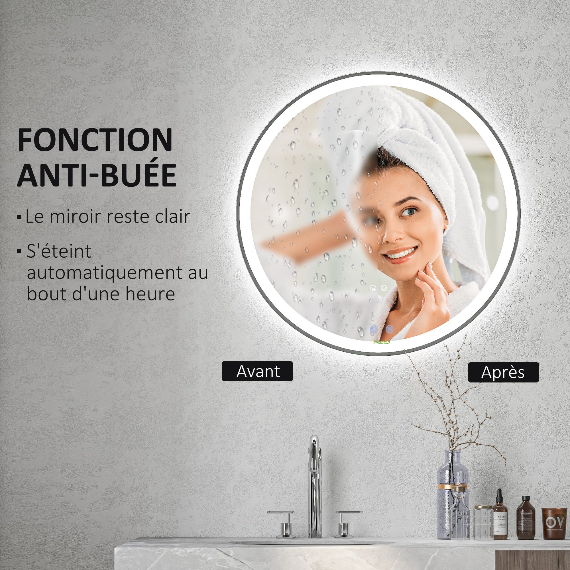 Miroir de salle de bain rond à éclairage LED, diamètre 80 cm, fixation murale, éclairage 3 couleurs, interrupteur tactile, 46 W, blanc argenté - 7