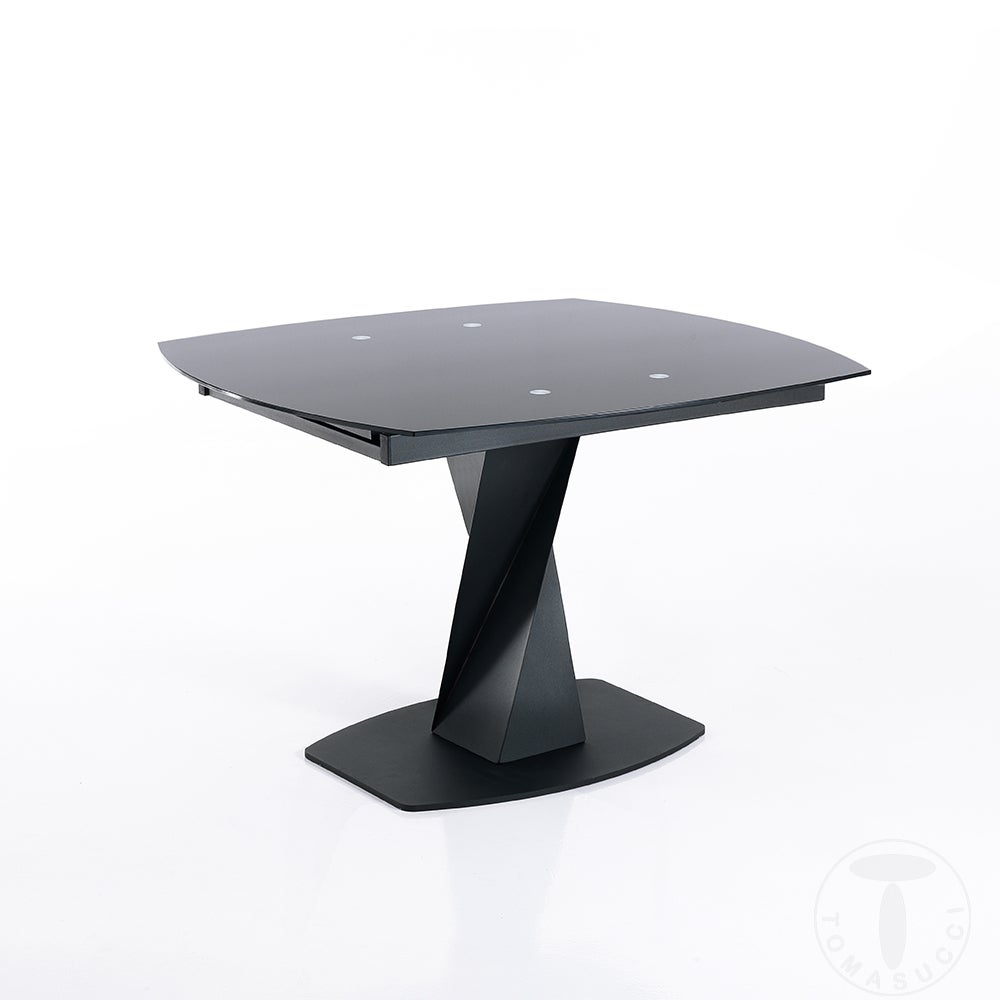 Stół rozkładany TWISTED z czarnego szkła i czarnego metalu malowanego H77 W105/165 D95