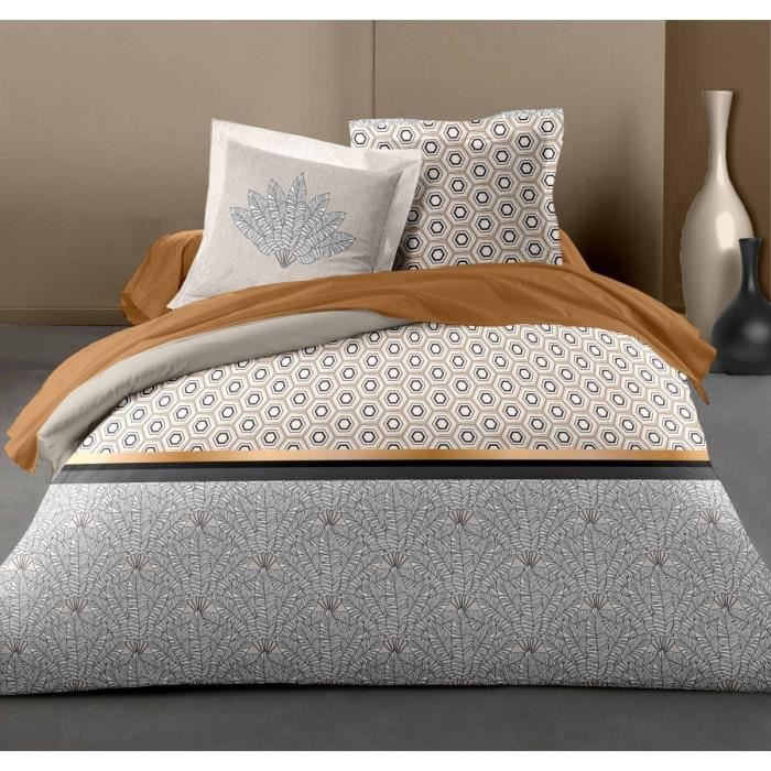 HOME LINGE PASSION Parure de couette Louxor - 1 housse de couette 220 x 240 cm + 2 taies 65 x 65 cm - Ocre et blanc - 4