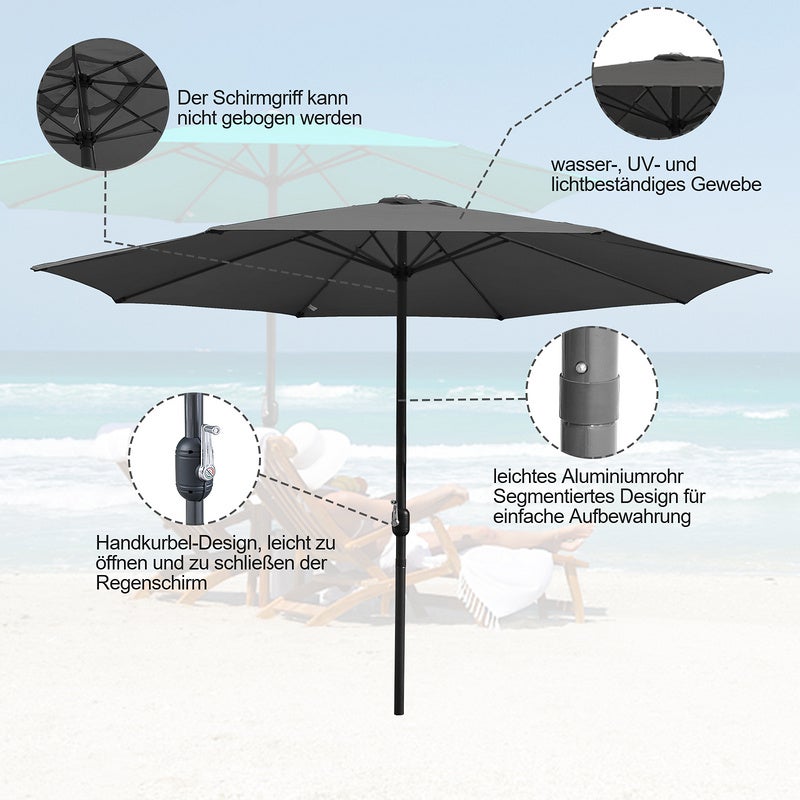 Parasol Ø350CM - Hauteur et Angle Réglables - Système de Manivelle, Gris, Parasol de plage - 3