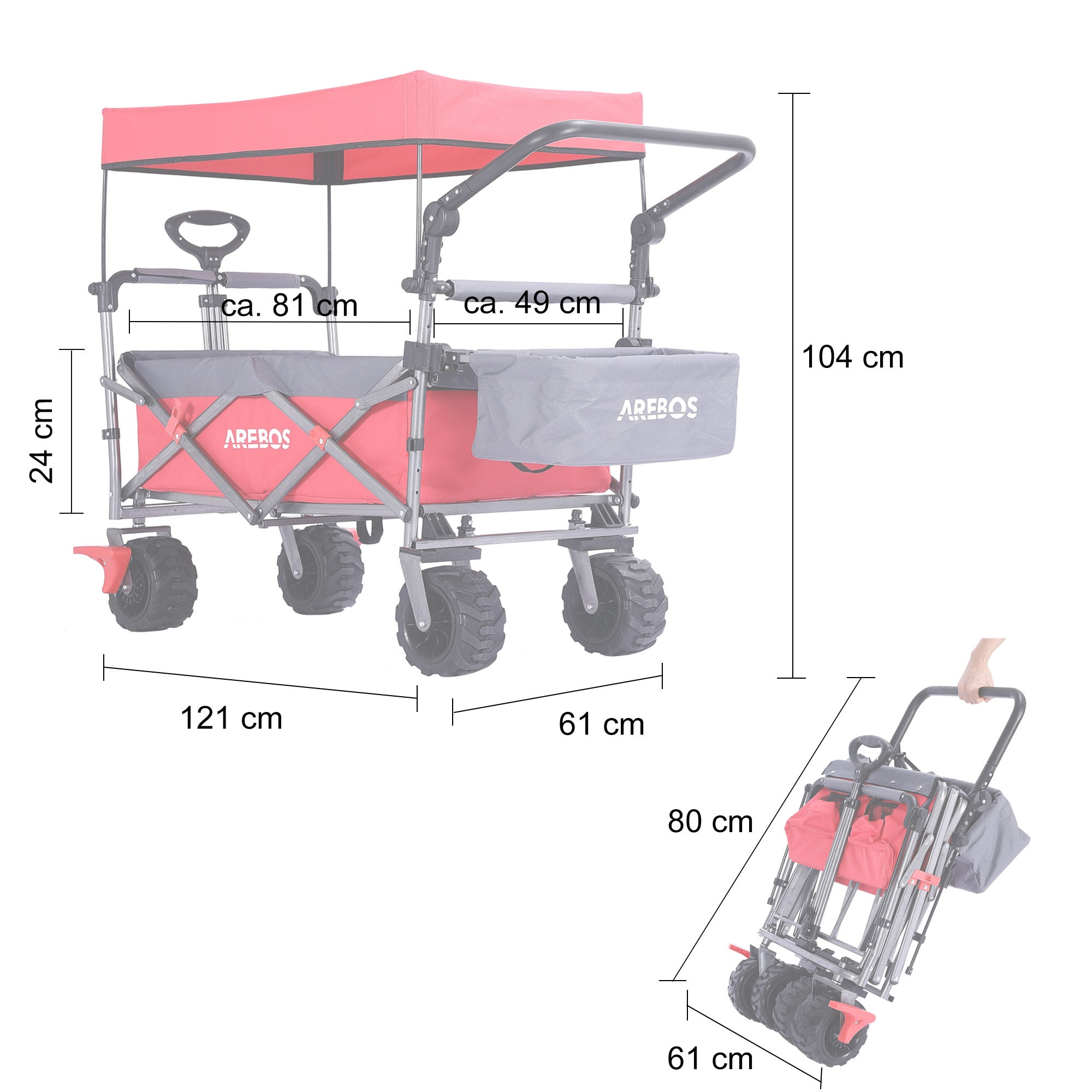 AREBOS Chariot de Transport Pliable avec Toit Chariot de Luxe Chariot de Transport capacité de Charge de 100 kg Rouge - 9