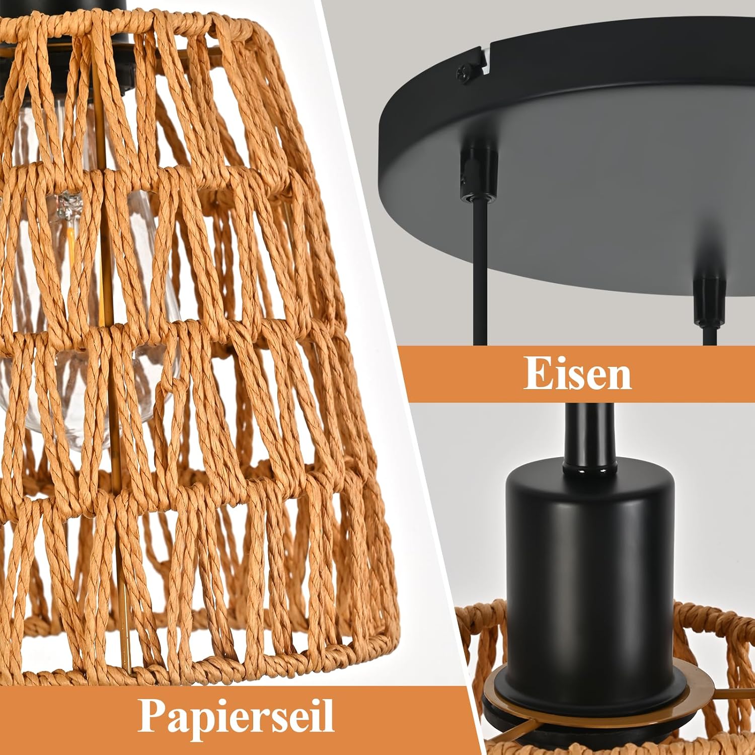 Lampa wisząca Nettlife Boho Rattan z 3 żarówkami – żyrandol z plecionej liny konopnej w stylu vintage, E27 (żarówki nie są dołączone) - 3