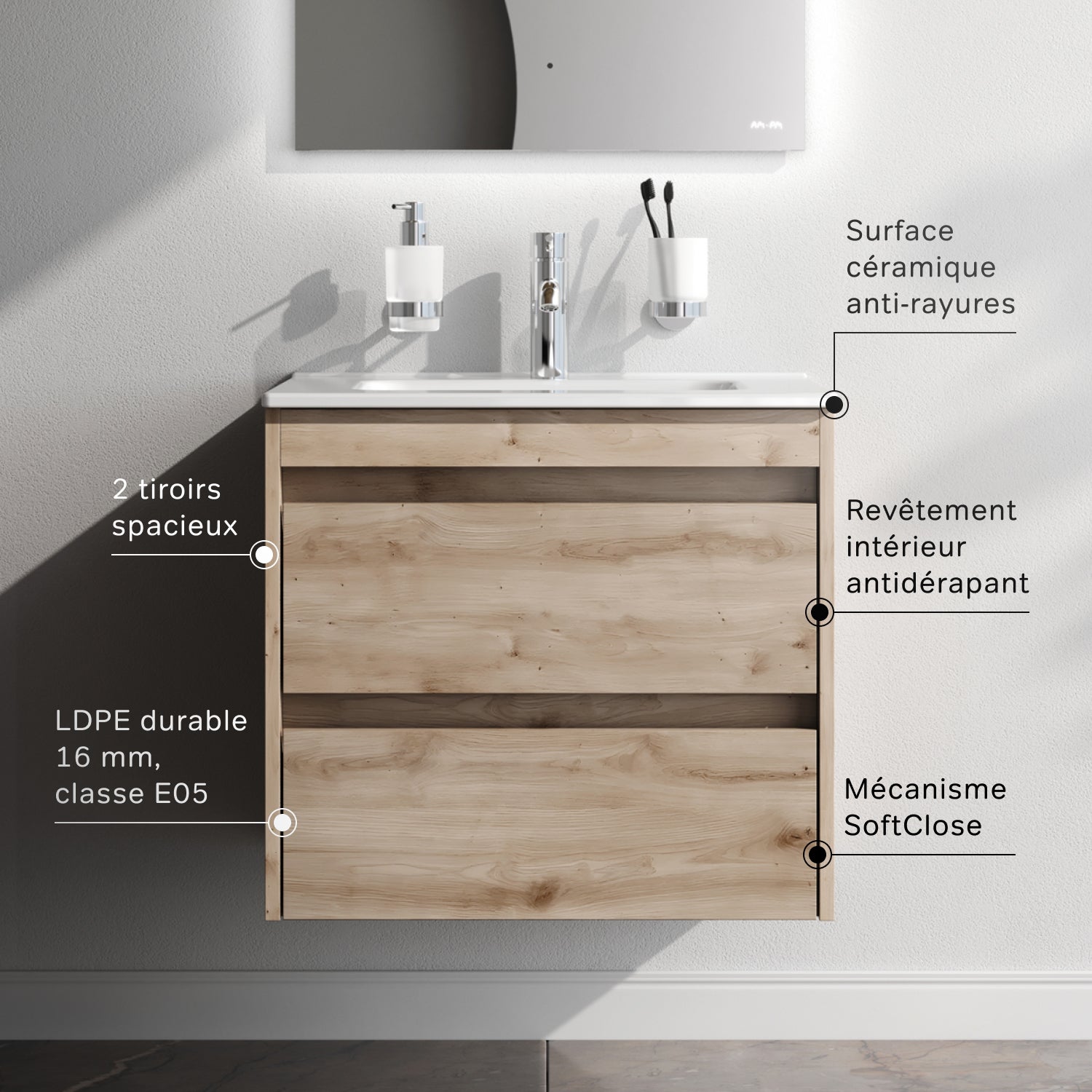 Meuble salle de bains suspendu 60 cm effet bois clair avec lavabo intégré, 2 tiroirs, design, chêne clair texturé – AM.PM - 2