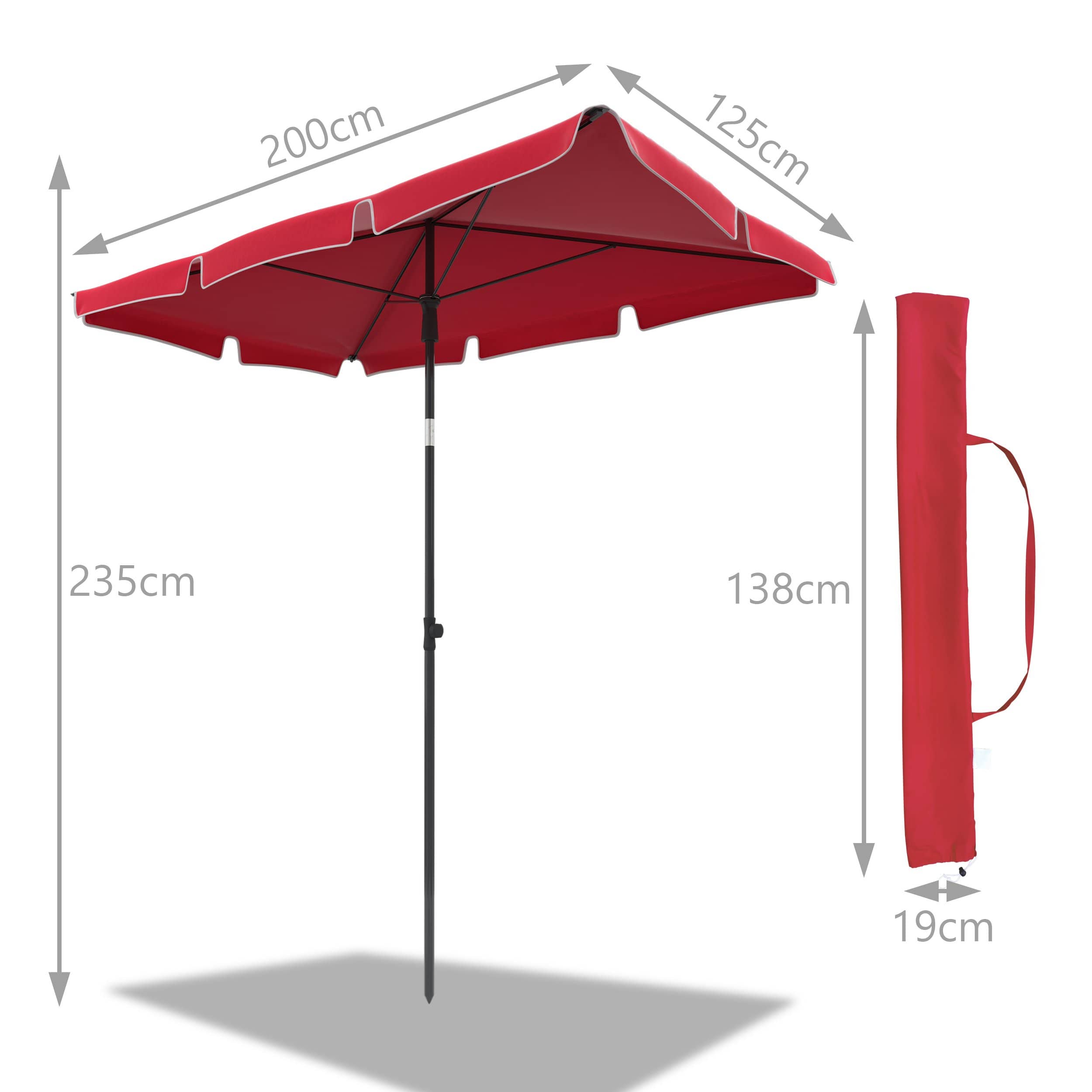 Parasol inclinable rectangulaire 2x1.25m avec housse de protection rouge - hauteur et angles ajustables - VOUNOT® - 7