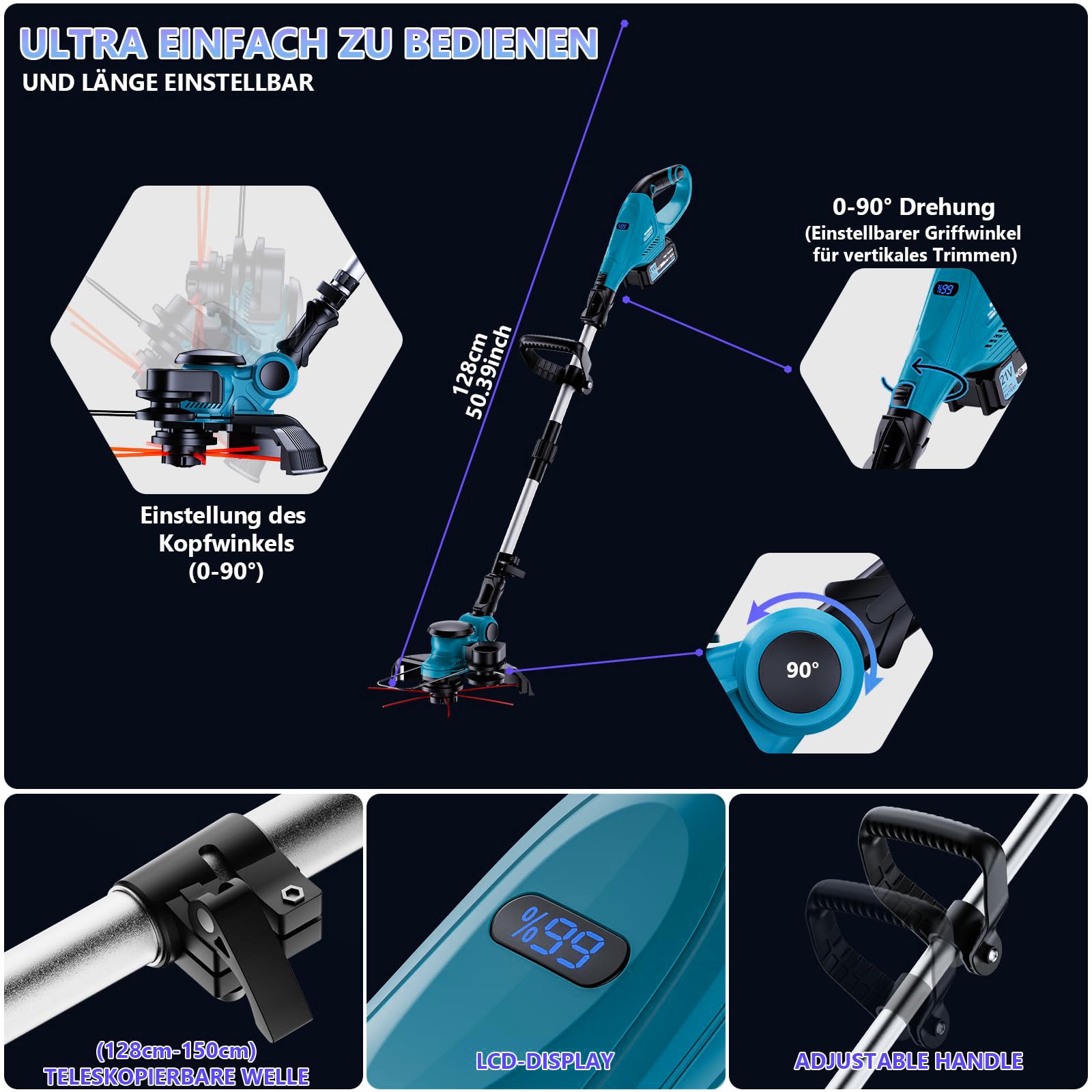 Weed Trimmer sans fil 1000W 4-en-1, moteur sans balais, 21V 2x 4,0Ah, manche télescopique, Ø26cm - 7