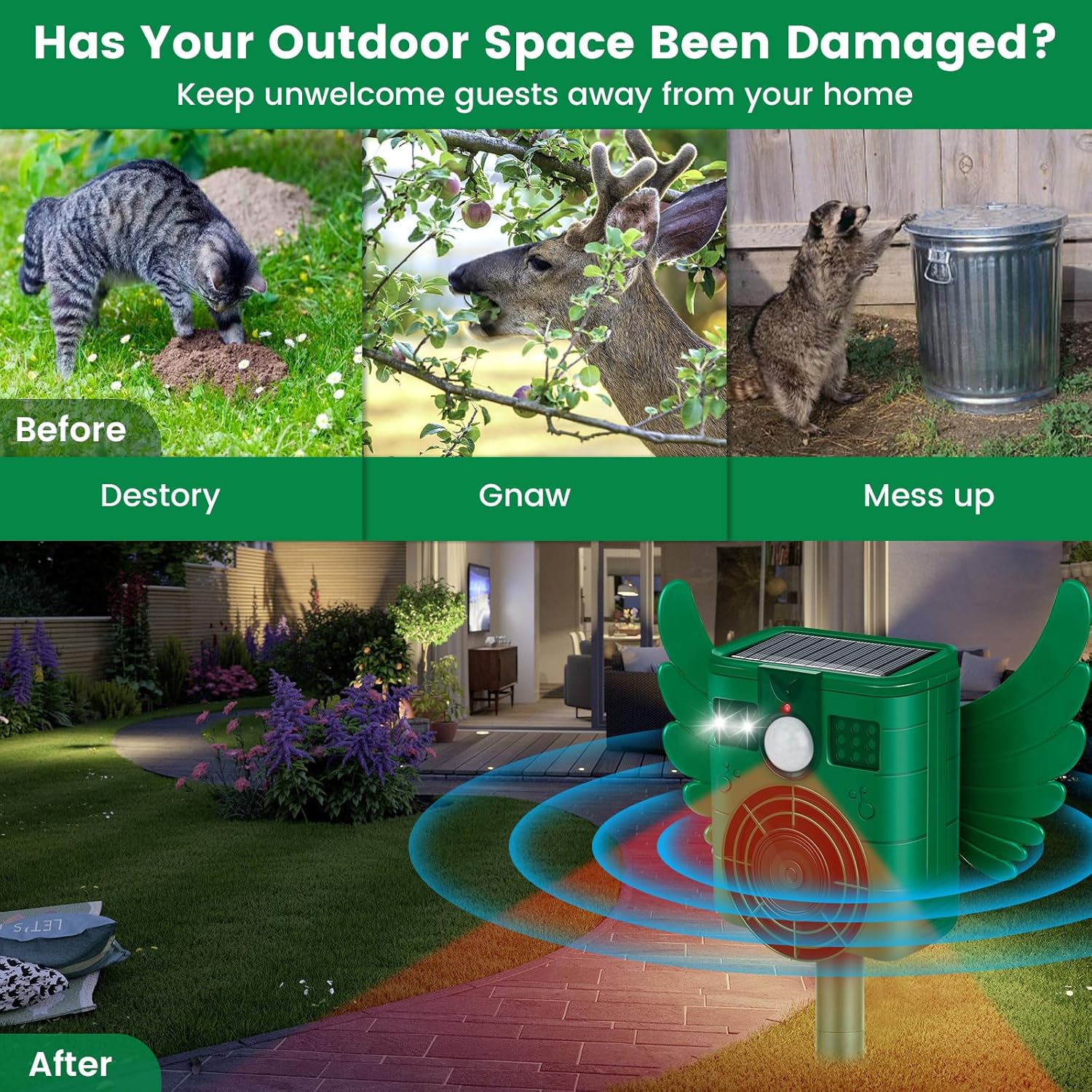 Répulsif à Ultrasons Solaire pour Animaux -Anti-Renard - Détecteur de Présence avec Flash Lumineux - Résistant à l'Eau IP66 - Idéal Jardin et Terrasse - 4