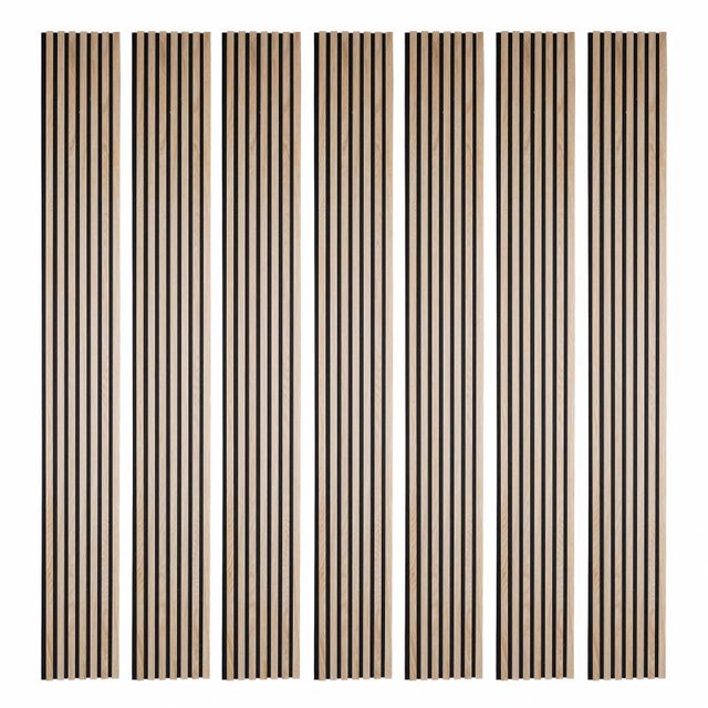 Lot de 7 panneaux tasseaux bois - 250x30x1 cm - Pack Mur TV bois 210cm - Lamelles chêne clair véritable fond noir - 5,25m²