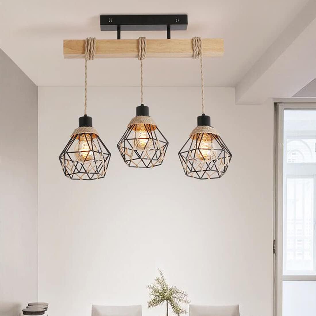 Lustre vintage, suspension à 3 têtes, plafonnier rustique, suspension en métal, éclairage d'îlot, hauteur réglable, 55 cm - 8