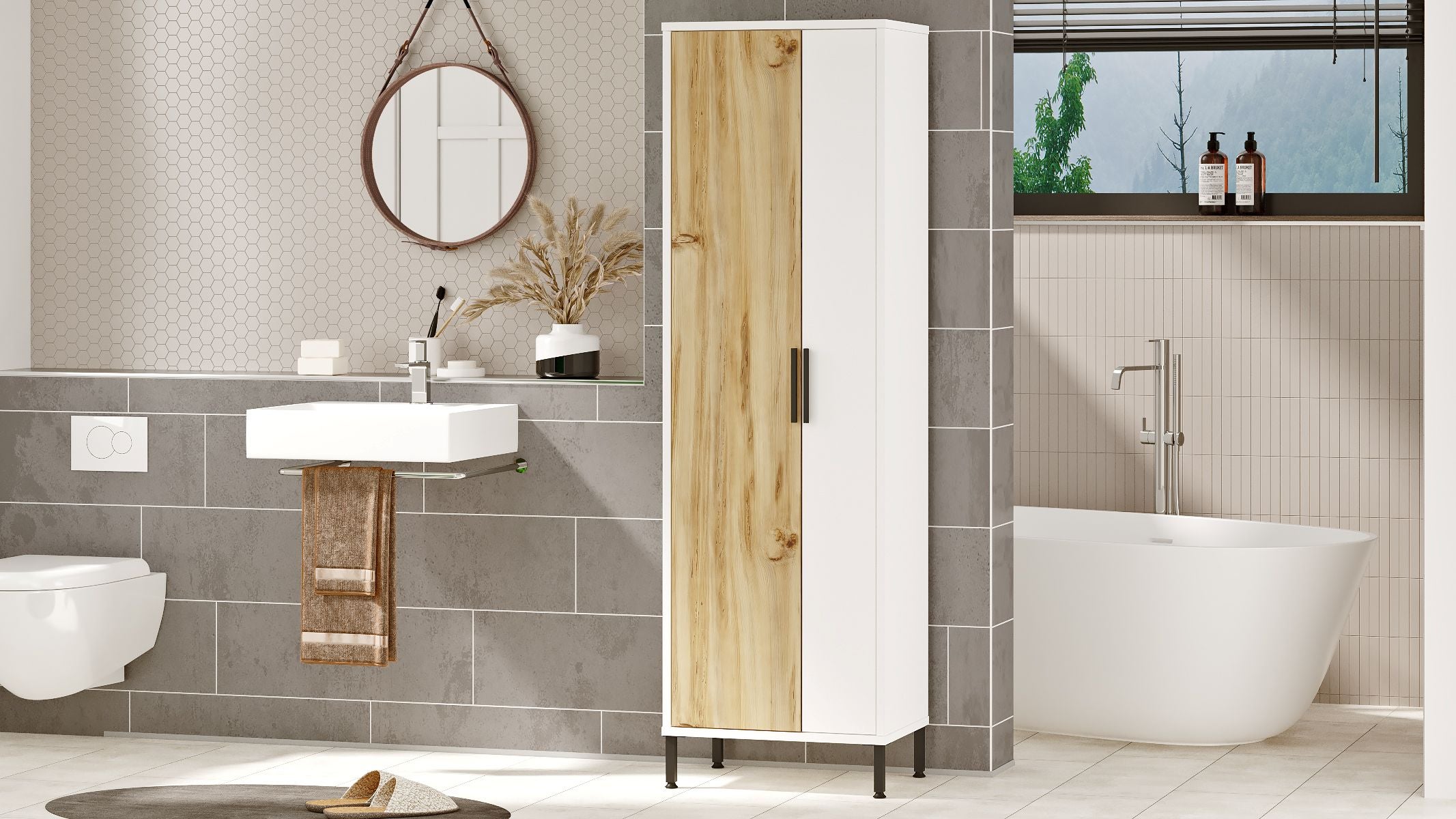 Columna De Baño Multiusos Con Compartimento Para Ropa 50x36x165H Roble Y Blanco Margarita - 5