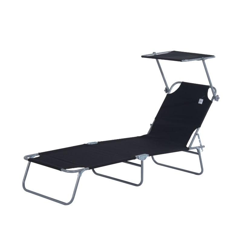 Bain de Soleil Pliable avec Pare-soleil Dossier Réglable 4 Positions Transat Jardin Noir Max 120kg - 2