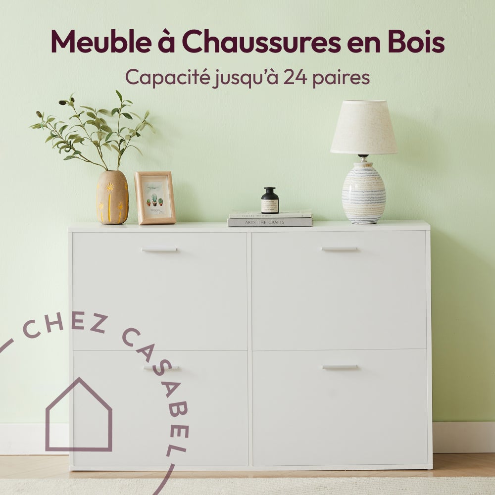 CASABEL Meuble à Chaussures 4 Abattants - Armoire à Chaussures Design - Meuble de Rangement Entrée 24 Paires - Blanc - 3