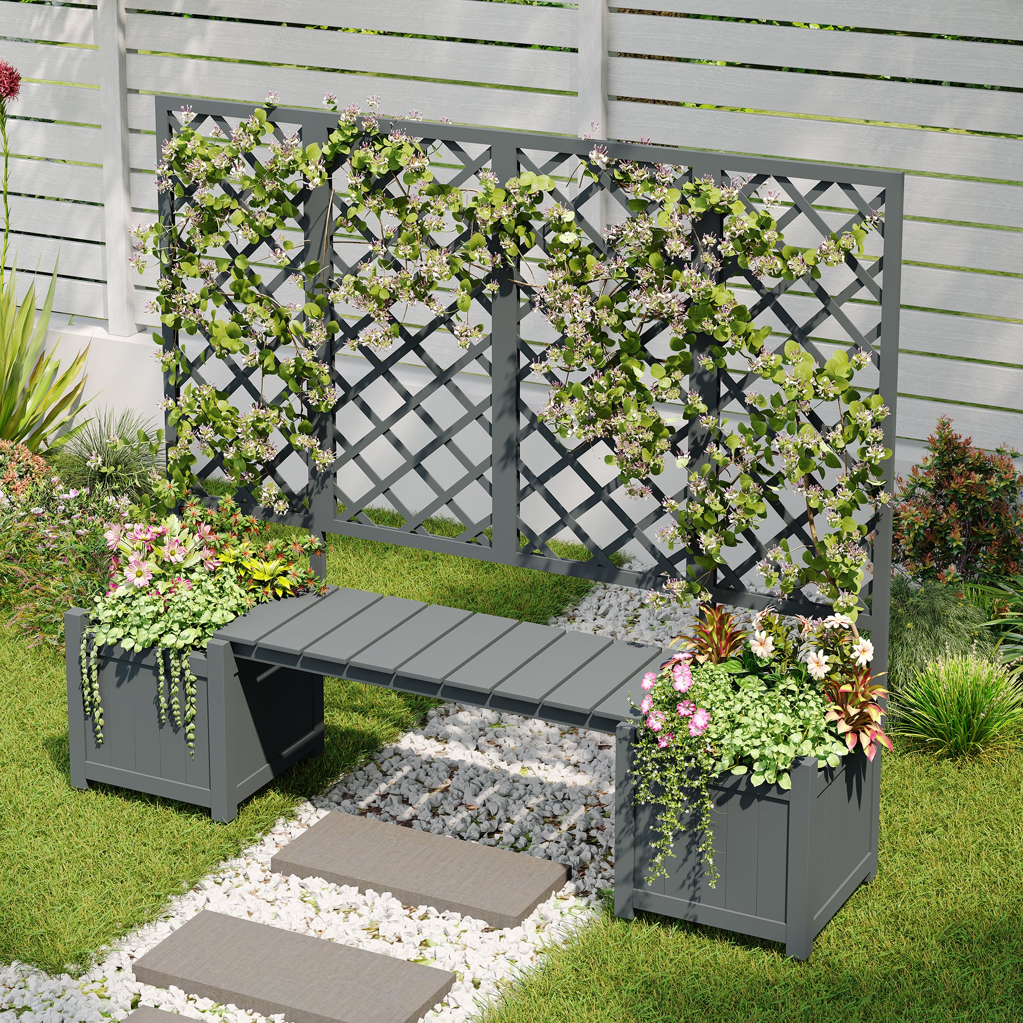 Lot de 2 Jardinière sur pièds avec Treillis en bois massif + 1 banc- 169 x 42 x 145 cm - Gris - 7