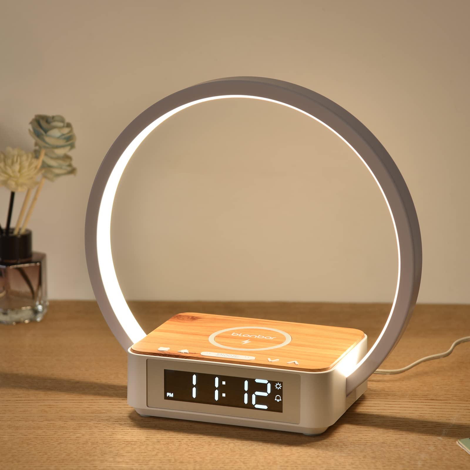 Lámpara de escritorio con despertador, lámpara táctil de 3 tonos de luz, lámpara de noche de 10 w máx., lámpara de mesa con carga inalámbrica