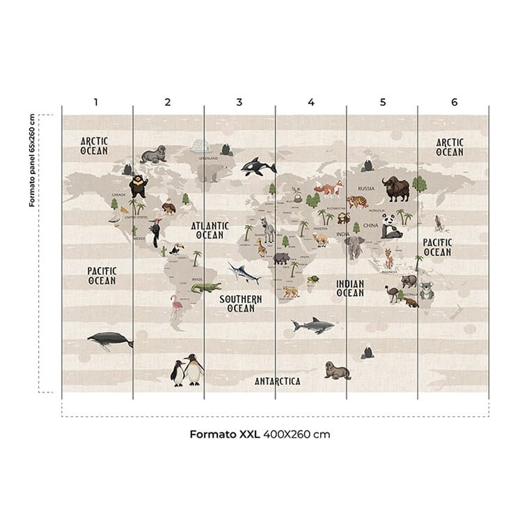 Carta da parati autoadesiva con mappa del mondo e animali 400x260cm - 3