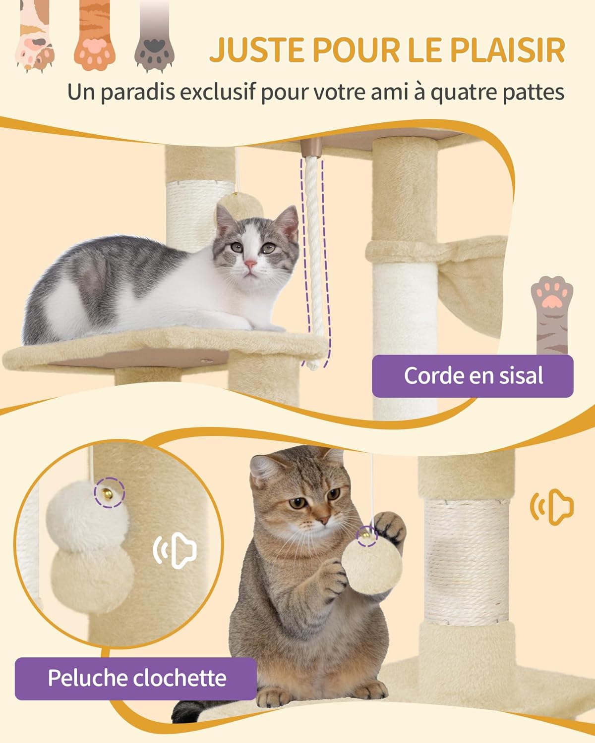 Árvore para Gatos (162 cm de Altura), Torre de Brinquedos, Arranhador com Plataformas Grandes, 5 Postes Arranhadores, 3 Pompons, 1 Rede,Cinza-escuro - 7