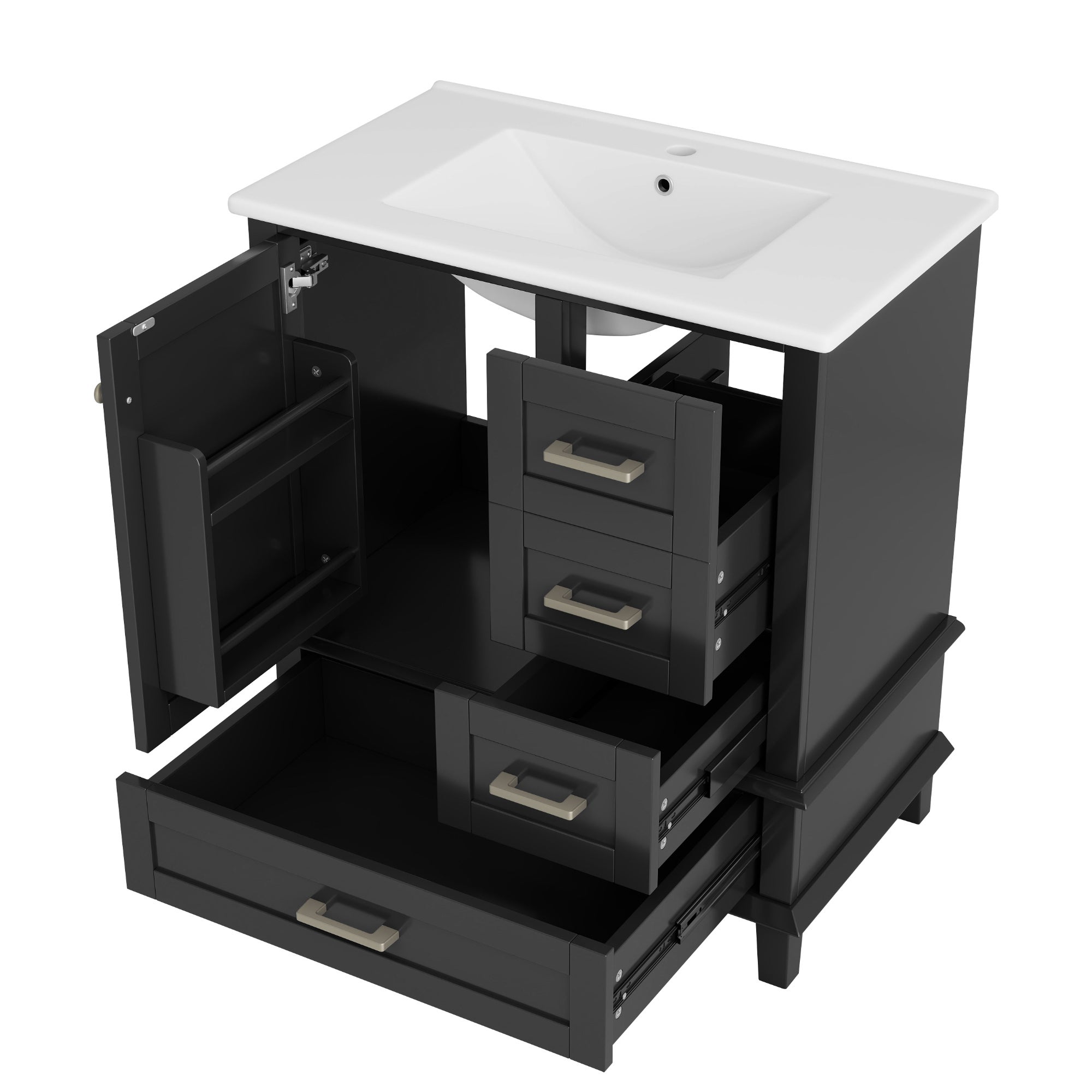 Móvel de banheiro com pia única, 1 porta e 2 gavetas, gabinete de base com cuba de cerâmica - 73 x 45,5 x 83,5 cm - Madeira MDF - Preto - 7