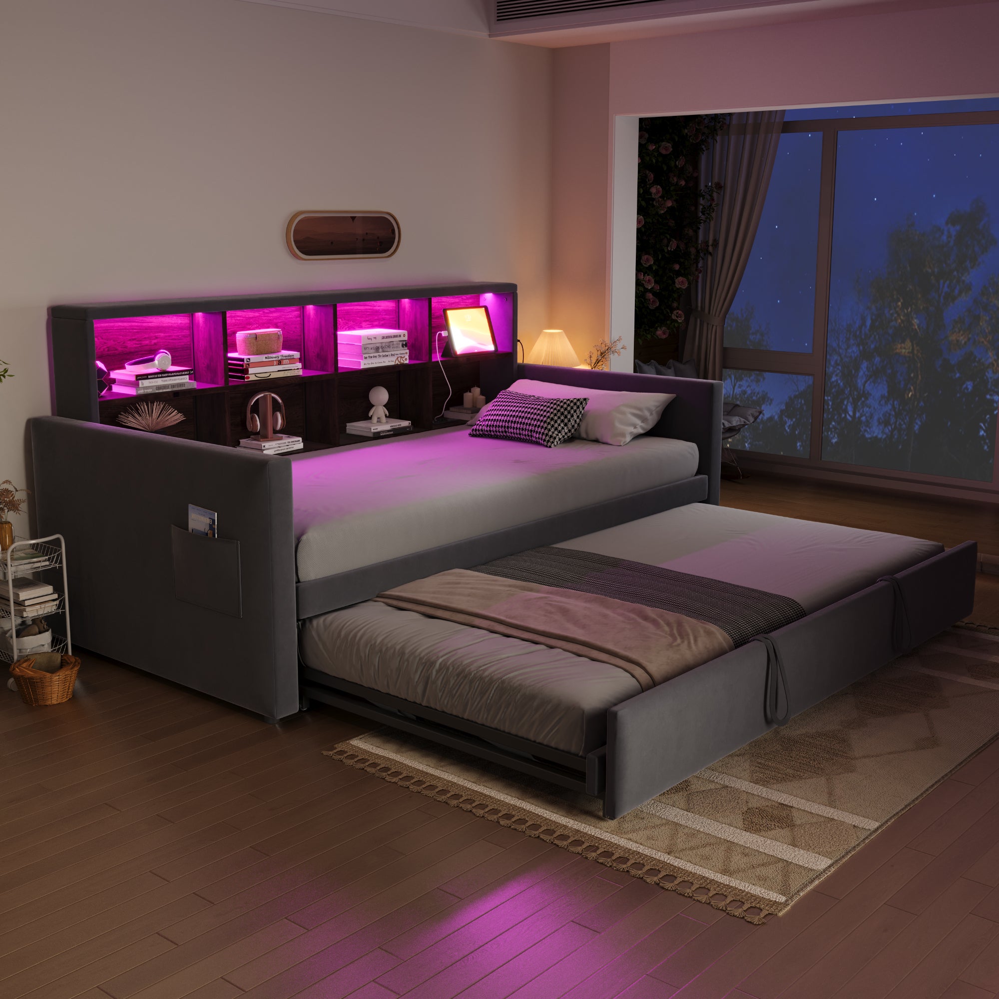 Rozkładana sofa z poduszkami 90x190cm - z oświetleniem LED - z gniazdem ładowania - z wysuwane łóżko - tkanina welurowa - Ciemnoszary - 4