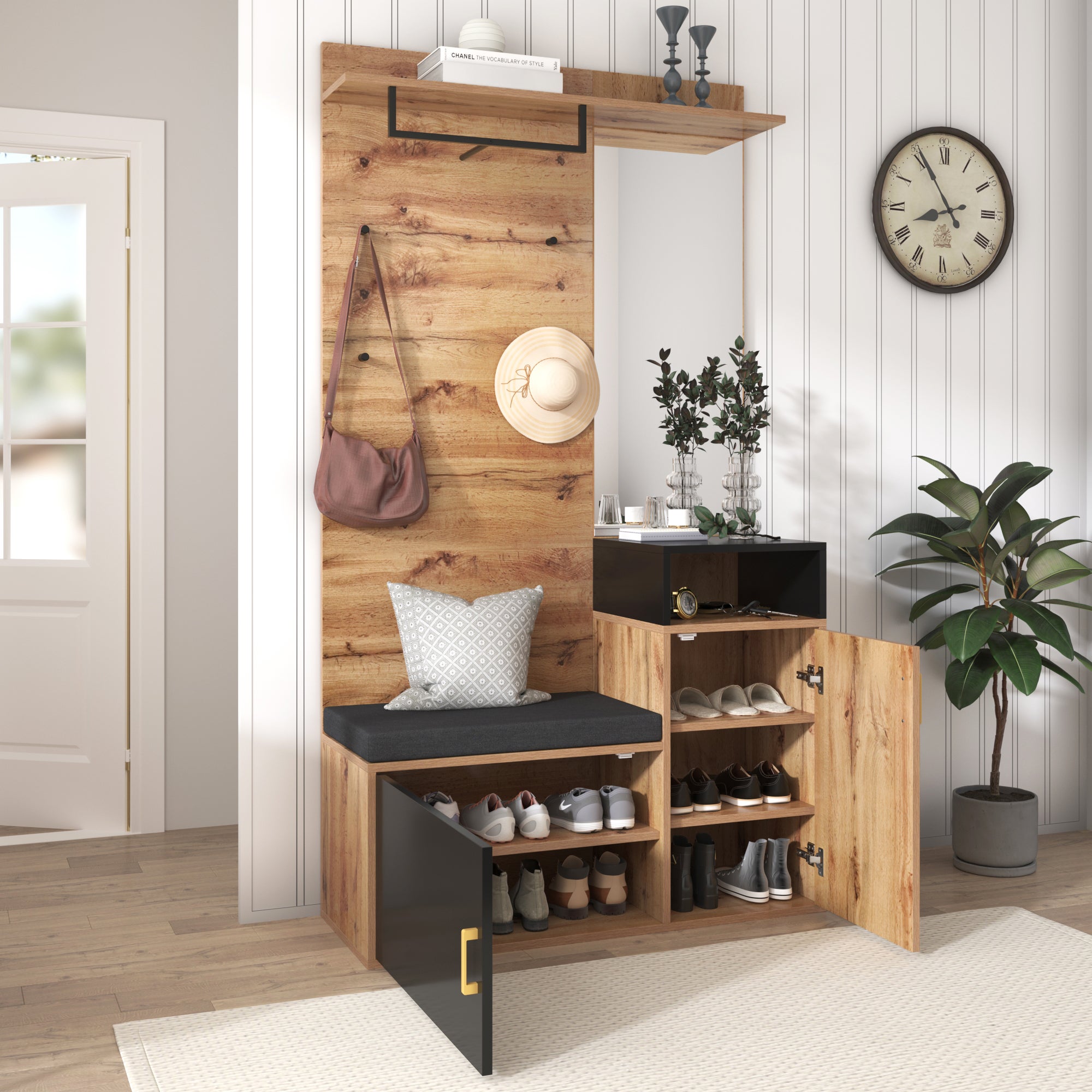 Meuble d'Entrée avec Banc, Rangement Chaussures, Miroir et Porte-Manteaux, Placard Chaussures ( 9-12 paires ) - 105x40x190.5 cm - Noir - 2
