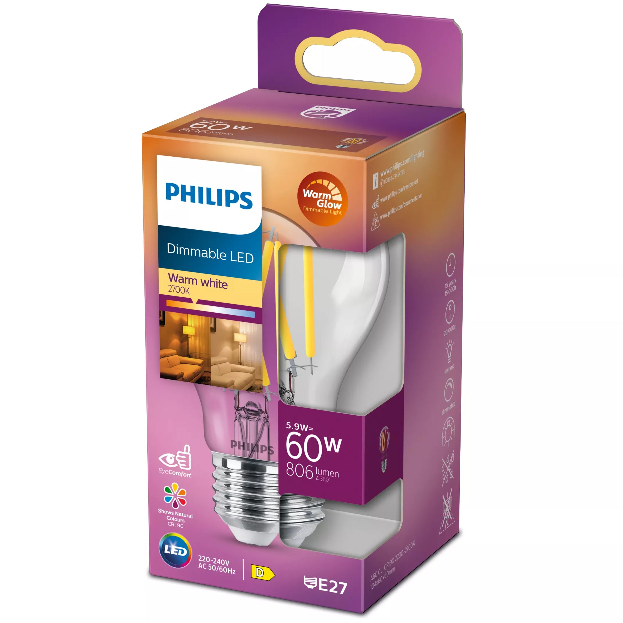 Żarówka LED Philips Klasyczna E27 Ściemnialna 5,9 W ciepłe światło - 3