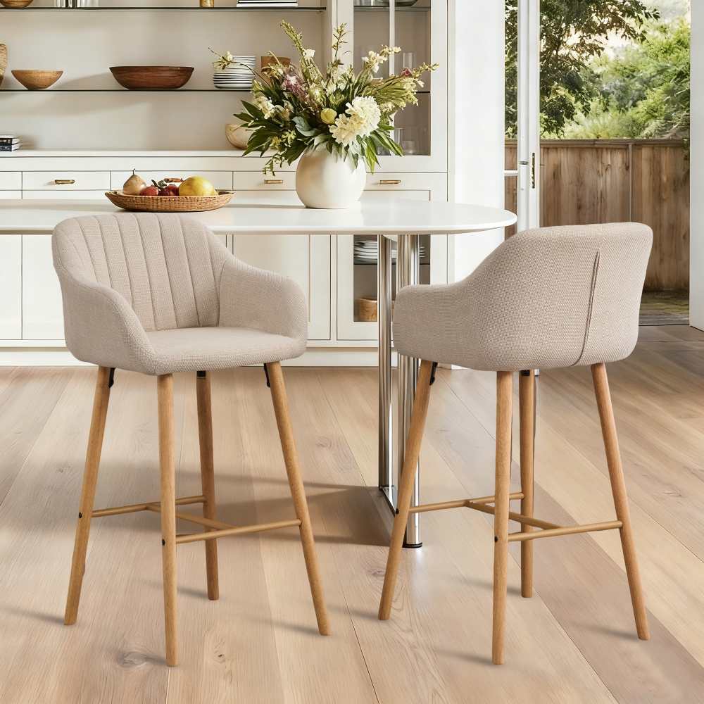 Tabouret de bar moderne vert en lin avec dossier haut et accoudoirs, pieds en bois, lot de 2, style européen pour cuisine ou îlot - 5