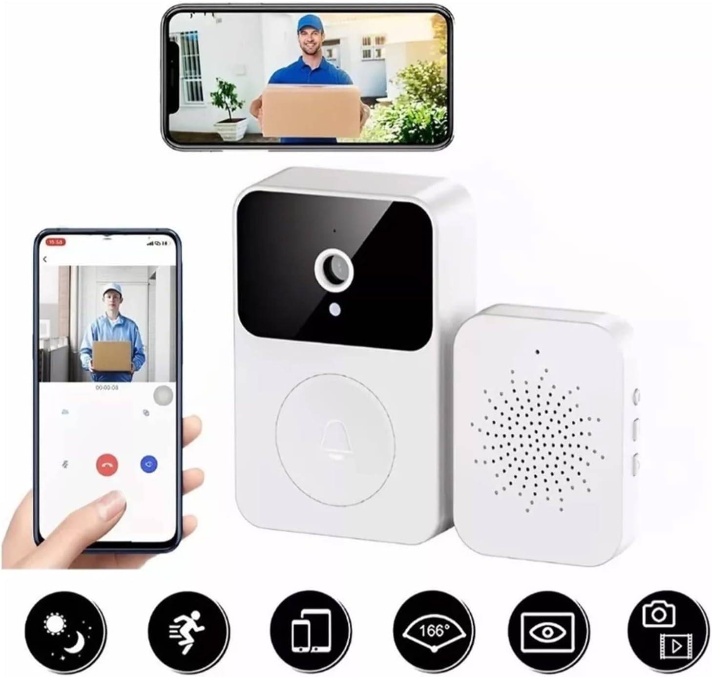 Sonnette sans fil avec caméra vidéo intelligente, Vision nocturne HD 1080P, sonnette de sécurité Rechargeable WiFi - 7