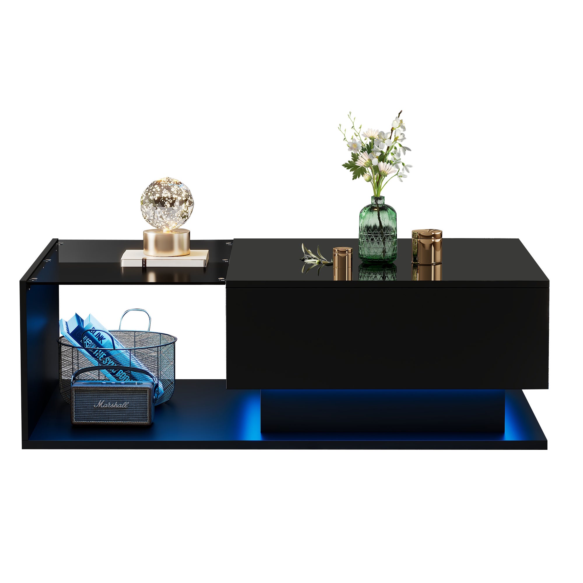 Table basse avec grand tiroir - 100x50x32 cm - LEDs - plateau en verre - Panneaux de particules - Noir brillant - 2