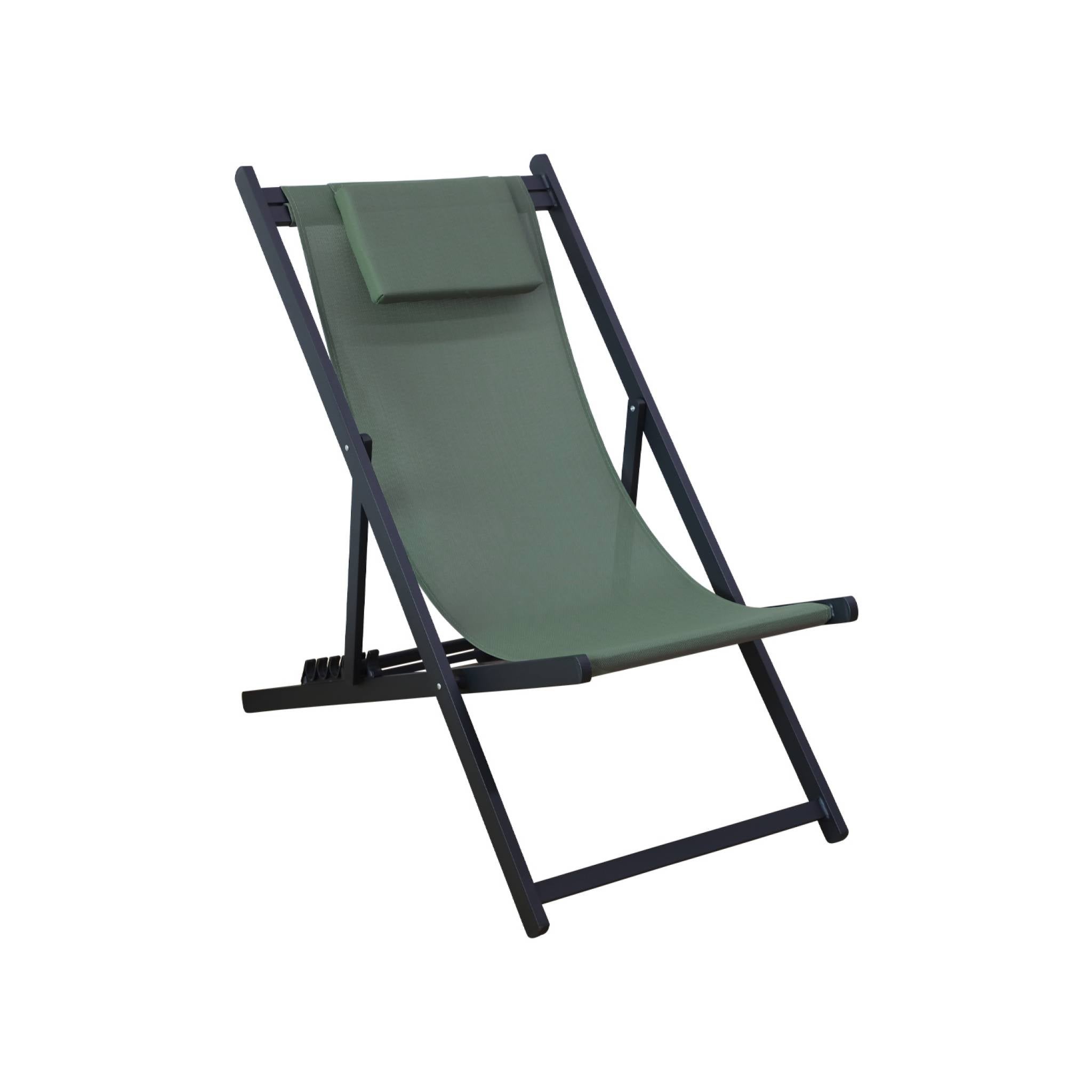 Lot de 2 bains de soleil kaki - Transat en aluminium avec coussin repose tête. chilienne GAIA - 3