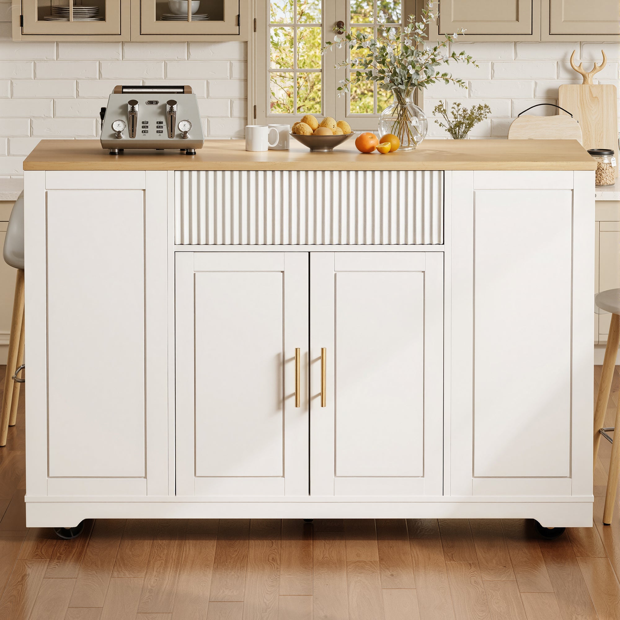 Îlot central de cuisine mobile avec 2 portes, 3 tiroirs et compartiment poubelle - 120 x 50 x 92 cm - MDF + Métal - Blanc - 4
