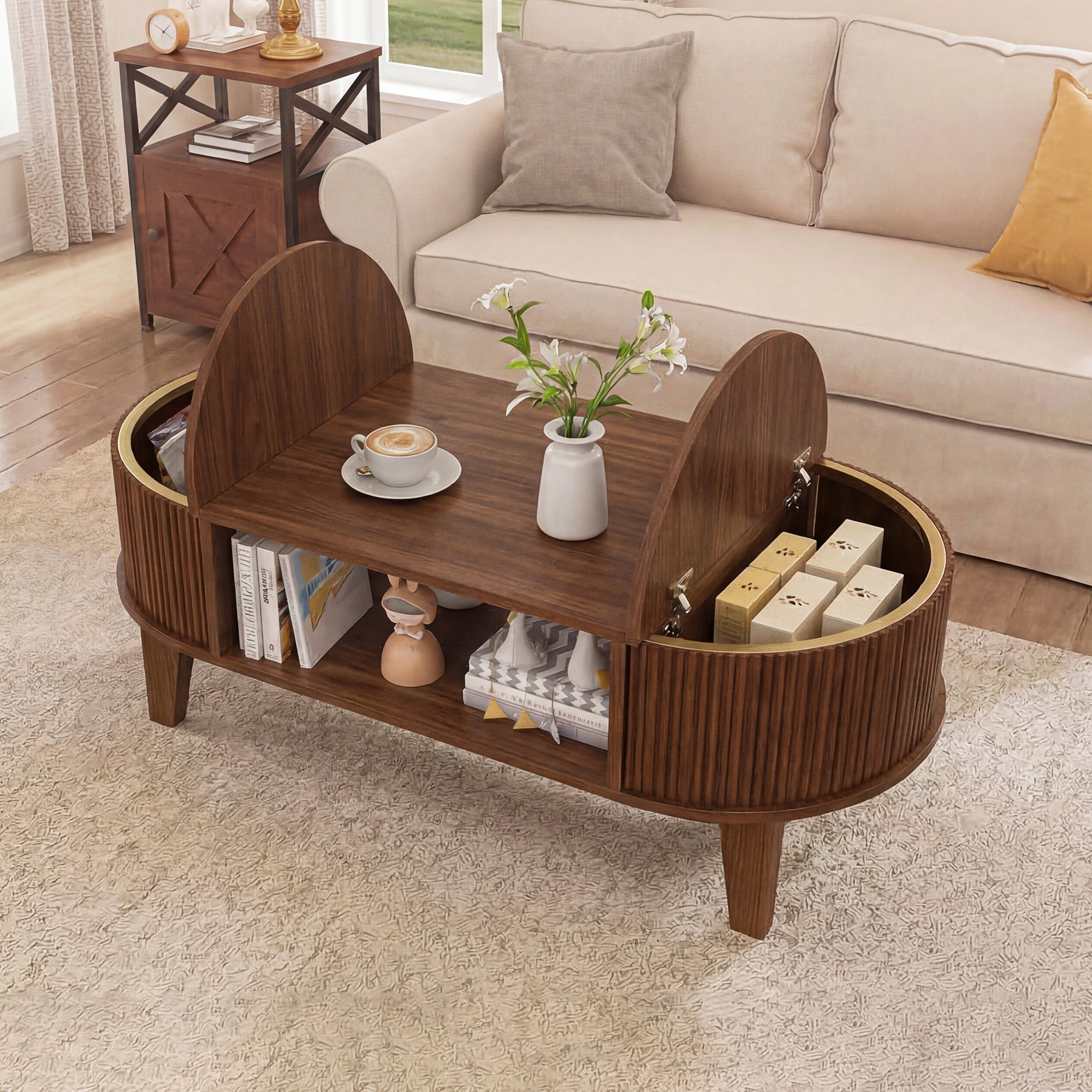 Table Basse avec Compartiments de Rangement,Table d'Appoint Massif Intemporel Style Scandinave Salon Séjour Bureau,Tables Basses en Bois,100x55x40cm - 8