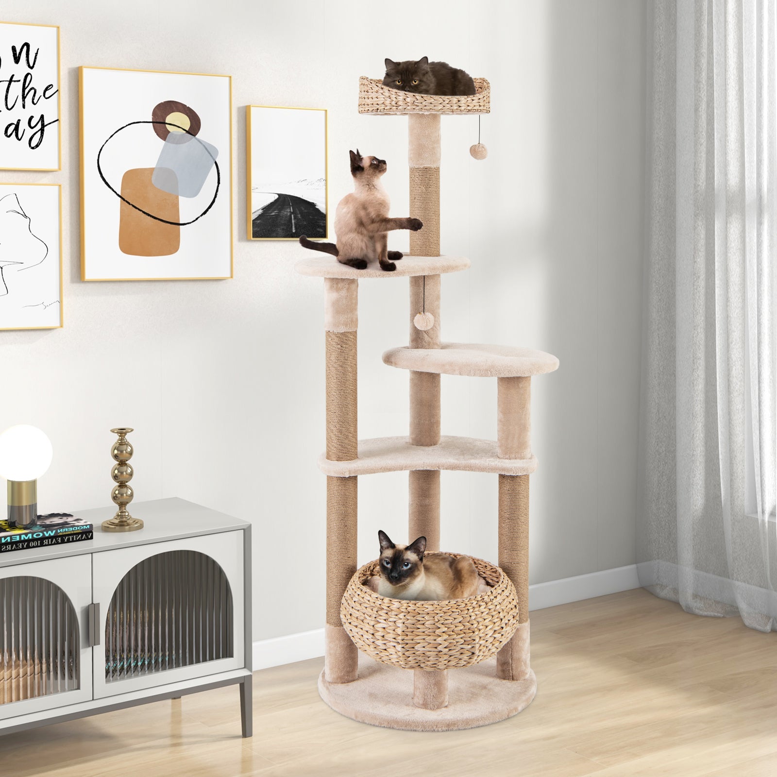 Arbre a Chat Bois 164 cm, 3 Griffoirs Chat en Jute, 5 Plateformes, Quenouille Tressée, Coussins Amovible, 2 Pompons, Tour pour Chat à 6 Étages - 8