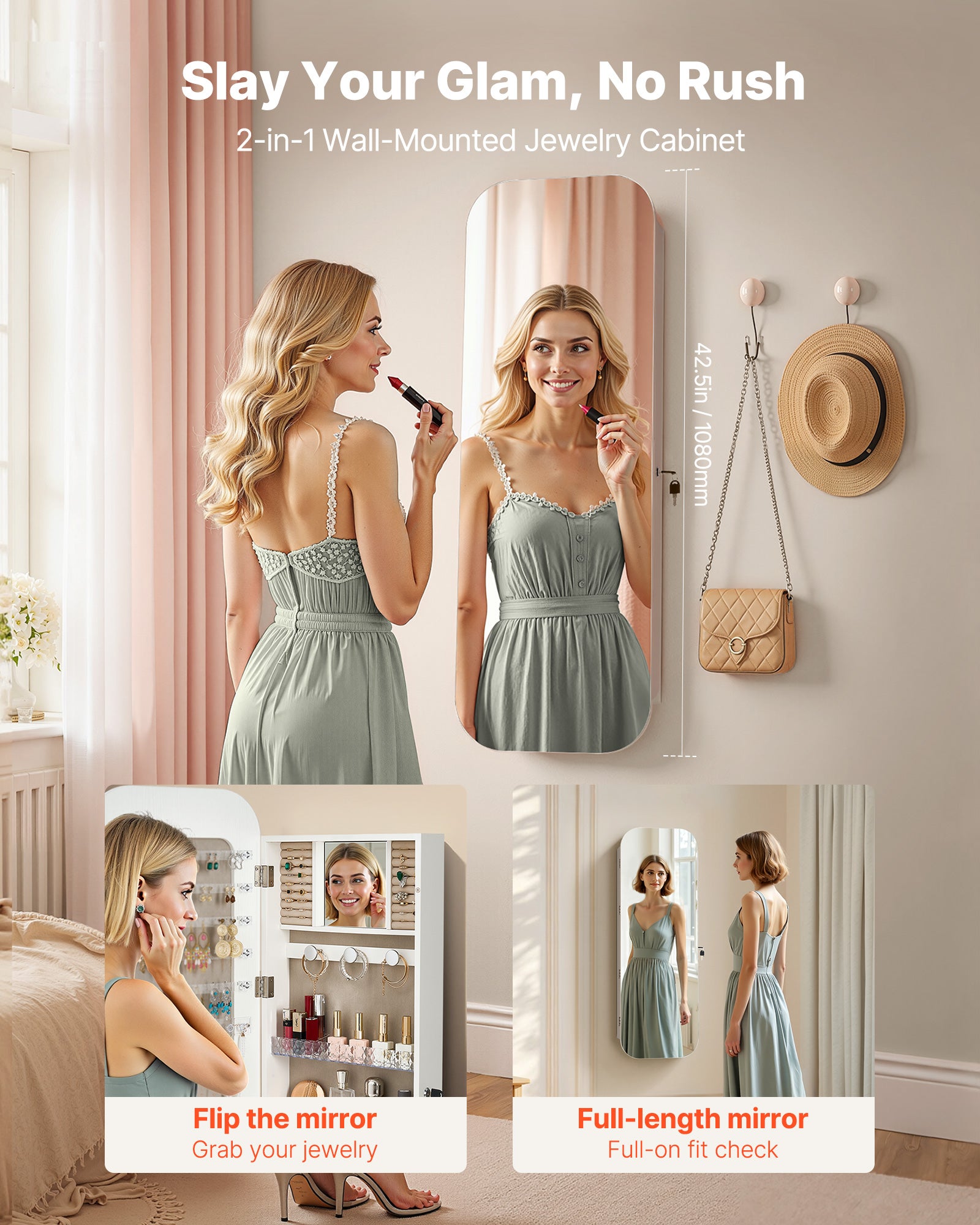 Armoire à Bijoux avec Miroir VEVOR 1080 mm, Organiseur Verrouillable Mural/Sur Porte avec 2 Clés & Compartiments de Rangement, Blanc - 2