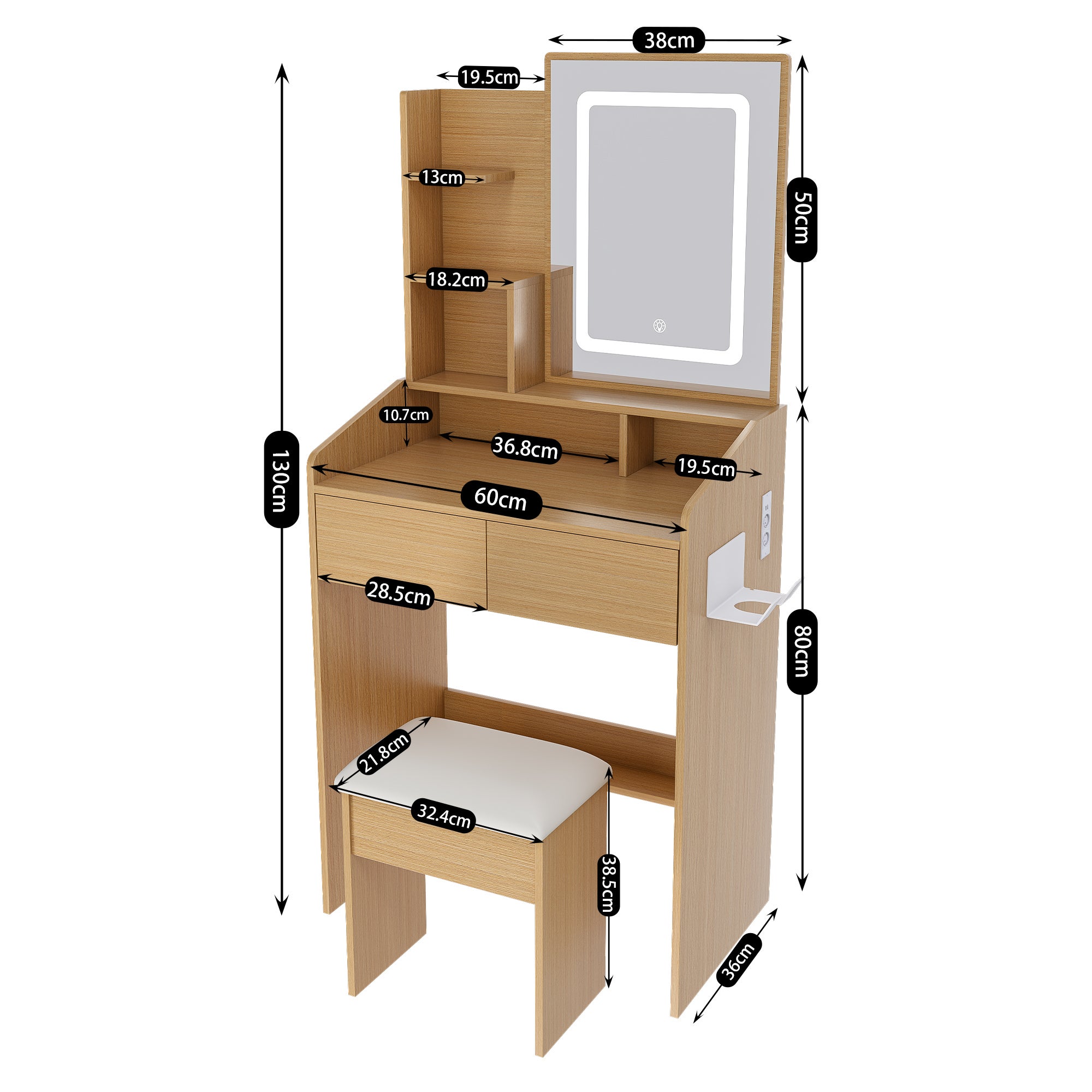 Coiffeuse avec miroir éclairé par LED, support pour sèche-cheveux et tabouret rembourré – Table compacte,L60 × H130 × P36 cm, finition bois naturel - 7