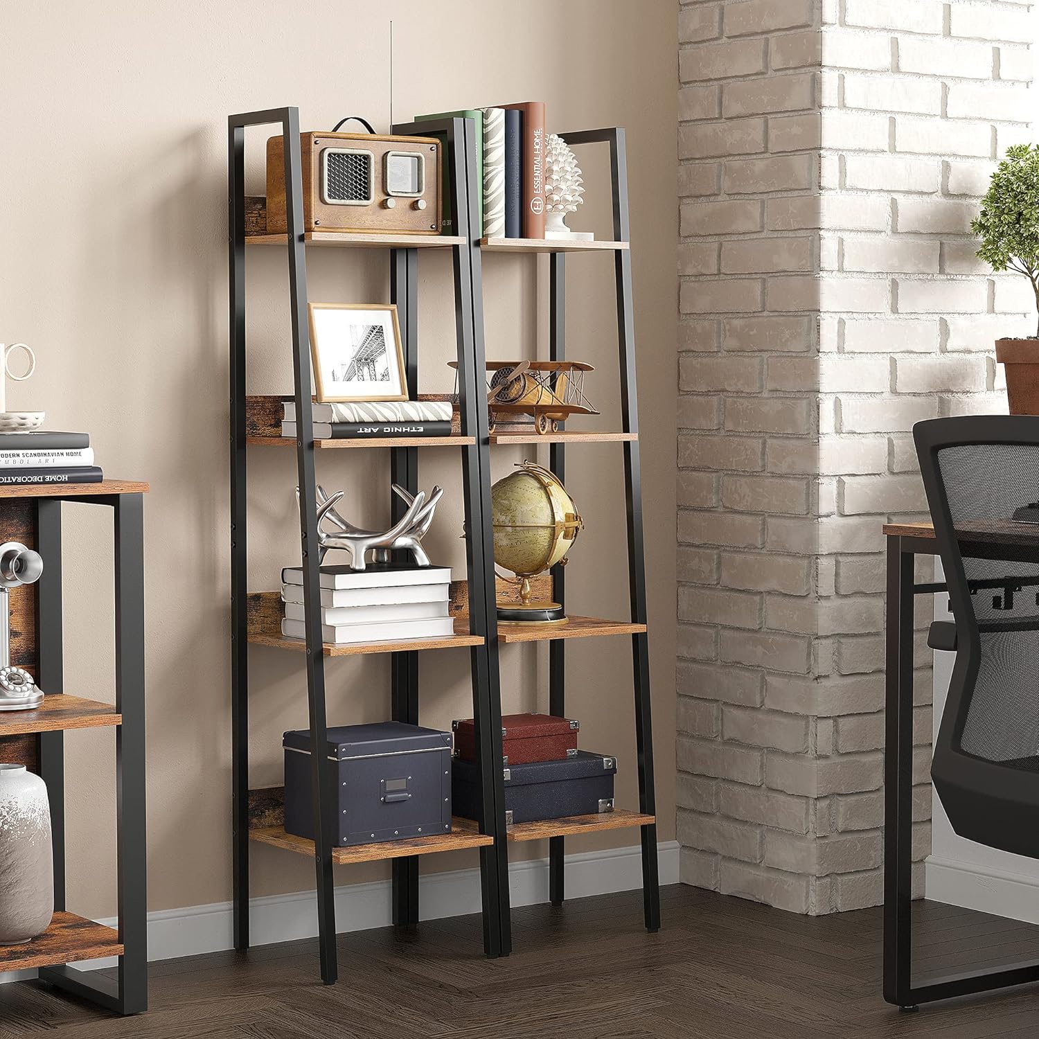 Étagère échelle, Bibliothèque à 4 Niveaux, Meuble de Rangement sur Pied, Facile à Assembler, Style Industriel, Marron Rustique et Noir - 2