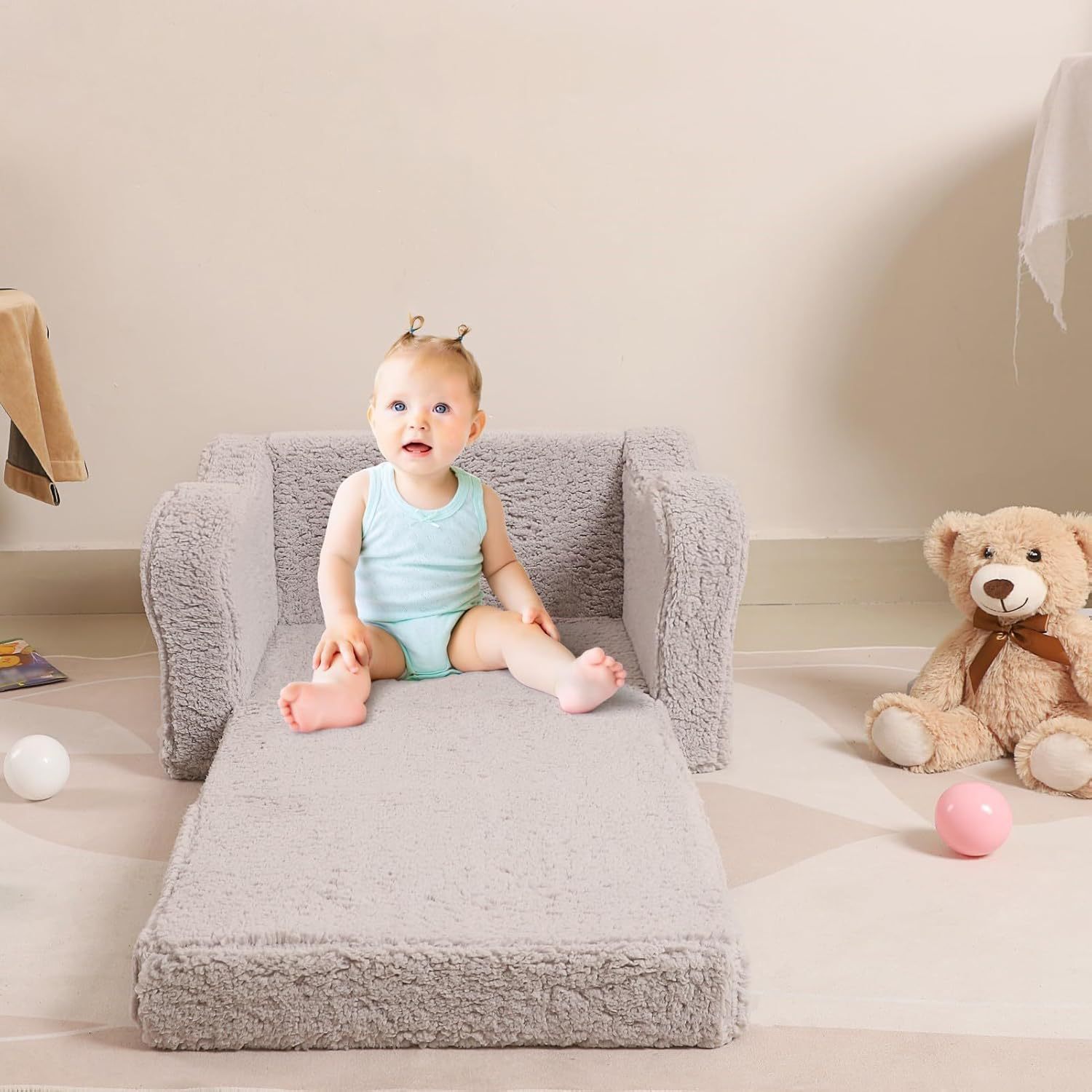 Fauteuil Enfant Convertible en Canapé-lit 2-en-1 Sherpa Doux, Cadeau Parfait pour Anniversaire et Fête des Enfants - 6