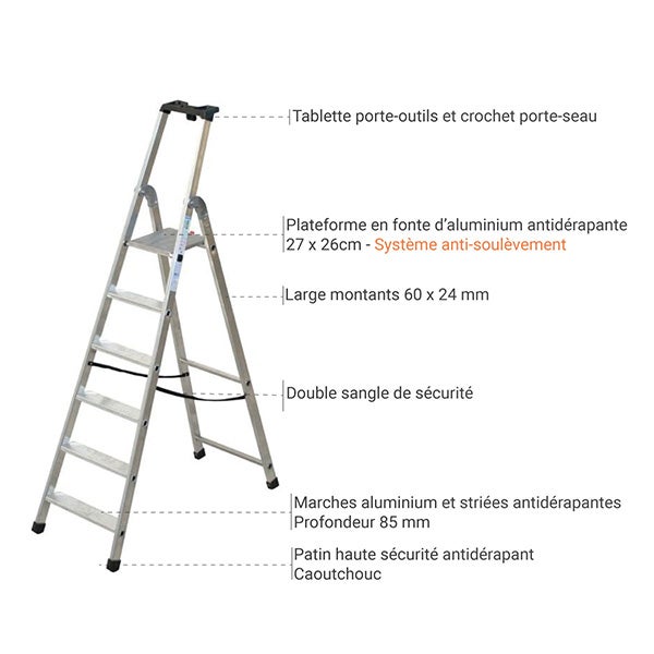 Escabeau 6 marches - Hauteur max. de travail 3.36m - Q60/6 - 3