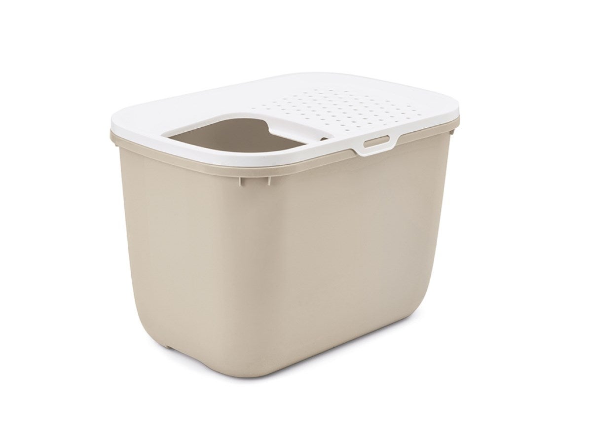 Hop marrón café con tapa blanca – bandeja arenera para gatos – 58,5x39x39,5 cm – 1 ud.