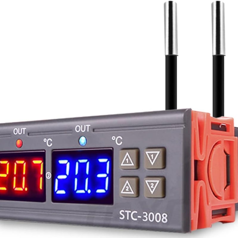 1 sztuka STC-3008 DC 12V, cyfrowy regulator temperatury z podwójnym wyświetlaczem i podwójnym czujnikiem sondy NTC, tryb ogrzewania i chłodzenia