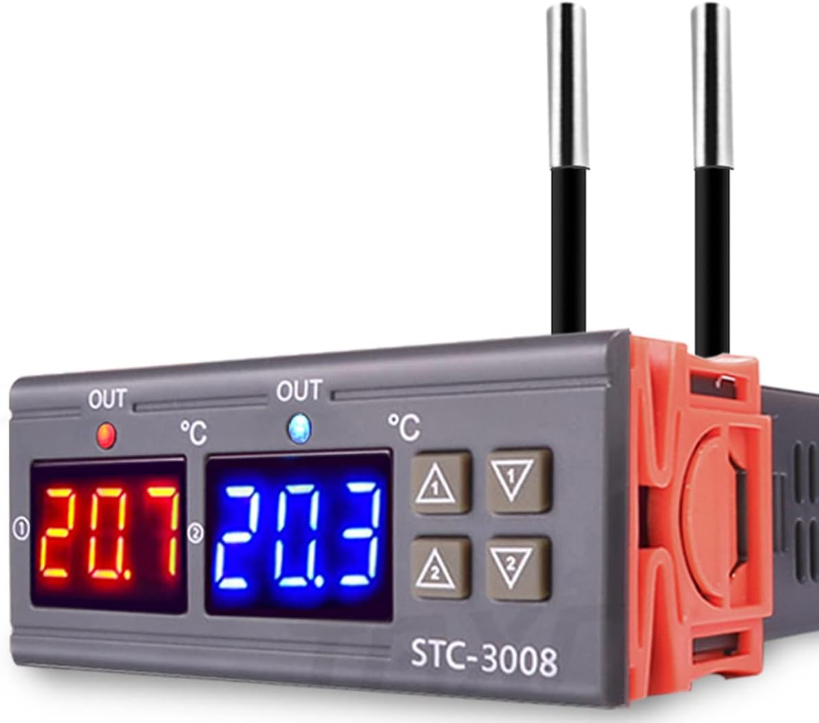 STC-3008 Kontroler termostatu temperatury AC 110V-220V, cyfrowy kontroler temperatury z podwójnym wyświetlaczem i podwójną sondą NTC