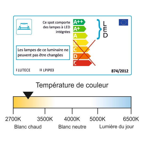 Lot de 3 spots LED encastrable BBC (RT2012/RE2020) IP65 - spécial salle de bain - 6.5W 570 LM 3000K - garantie 5 ans - 5