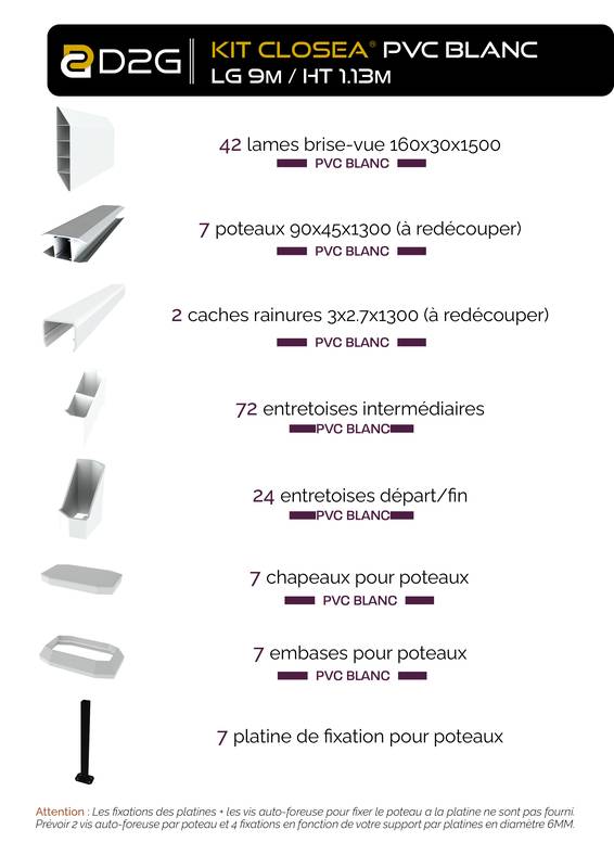 Kit cloture - Lame 16cm - PVC Blanc - LG: 9m x H: 1m13 - 4