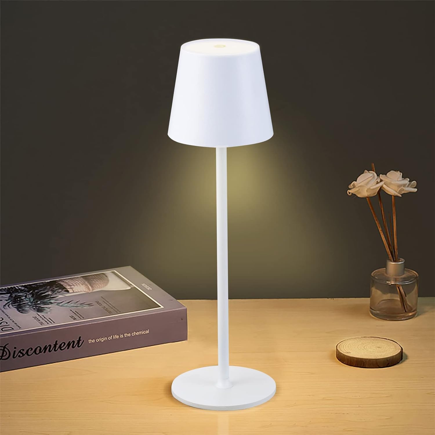 Biała bezprzewodowa lampka biurkowa, 10 x 10 x 38 cm, 1 dioda LED, akumulatorowa, dotykowa, idealna do restauracji, sypialni i barów, 5200 mAh