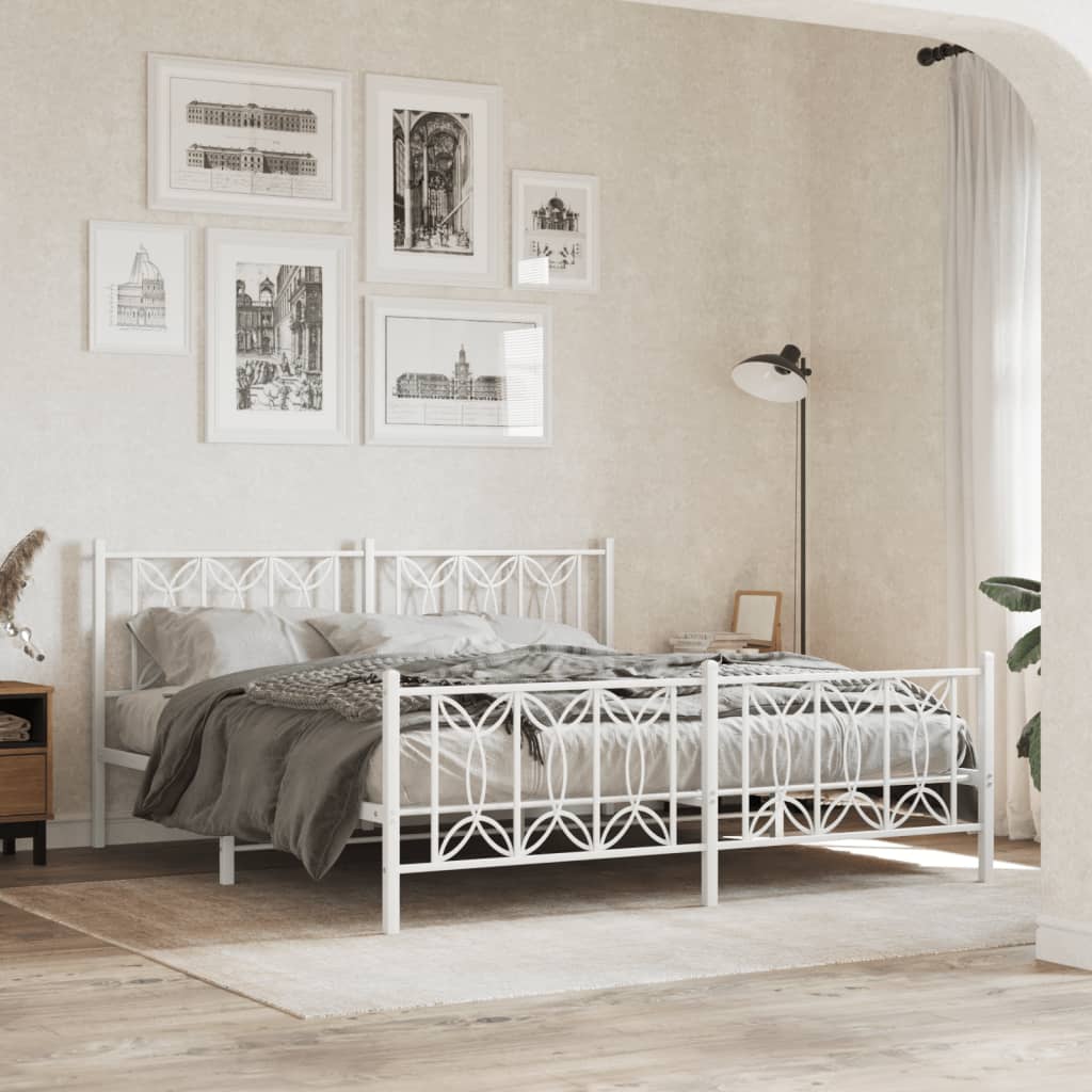Cadre de lit métal sans matelas et pied de lit blanc 200x200 cm