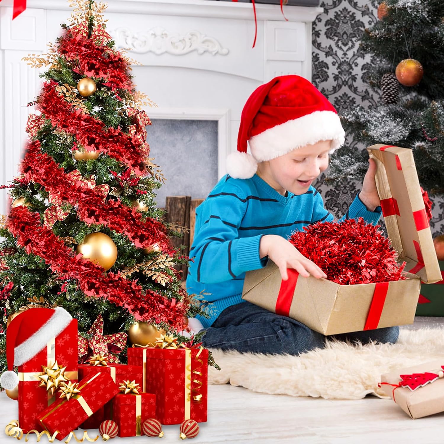 Guirlanda de decoração de Natal com 4 peças, guirlanda para árvore de Natal interna e externa - vermelha - 4