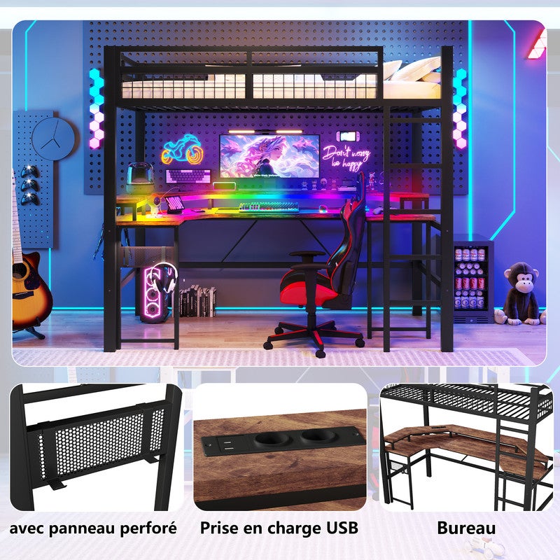 Lit mezzanine en métal 90x200 cm avec Bureau, Éclairage LED RGB App, lit enfant avec Ports USB/Type-C, Prises et Panneau Perforé, noir (sans Matelas) - 4