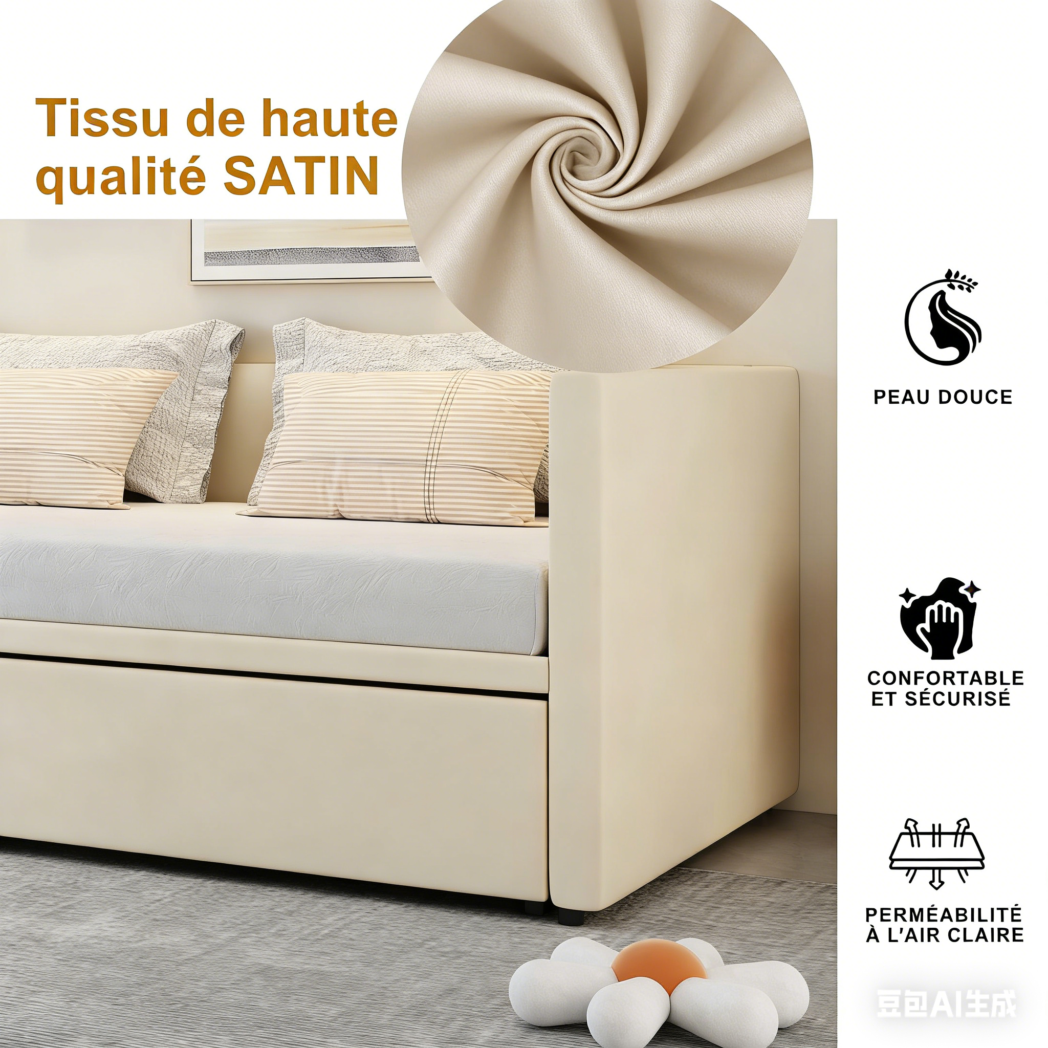 Canapé lit convertible180 x 200cm-Canapé-lit extensible rembourré pour Salon et Chambre d'Amis-Gain de place-lit 2 personnes-beige-Sans Matelas - 7