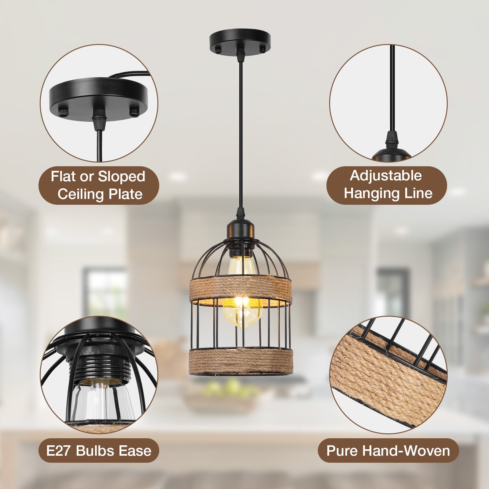 Lampa wisząca z rattanu, żyrandol z ręcznie wykonaną klatką mała lampa wisząca w stylu rustykalnym do kuchni z wyspą Jadalnia(Żarówka E27 w zestawie) - 5