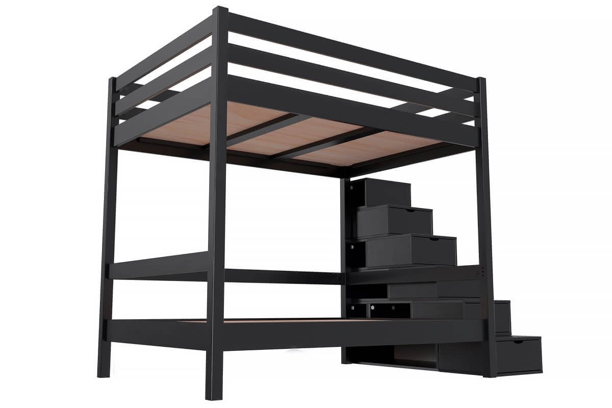 Lit Superposé Maison 140x200 Barrière éclairage Led Noir